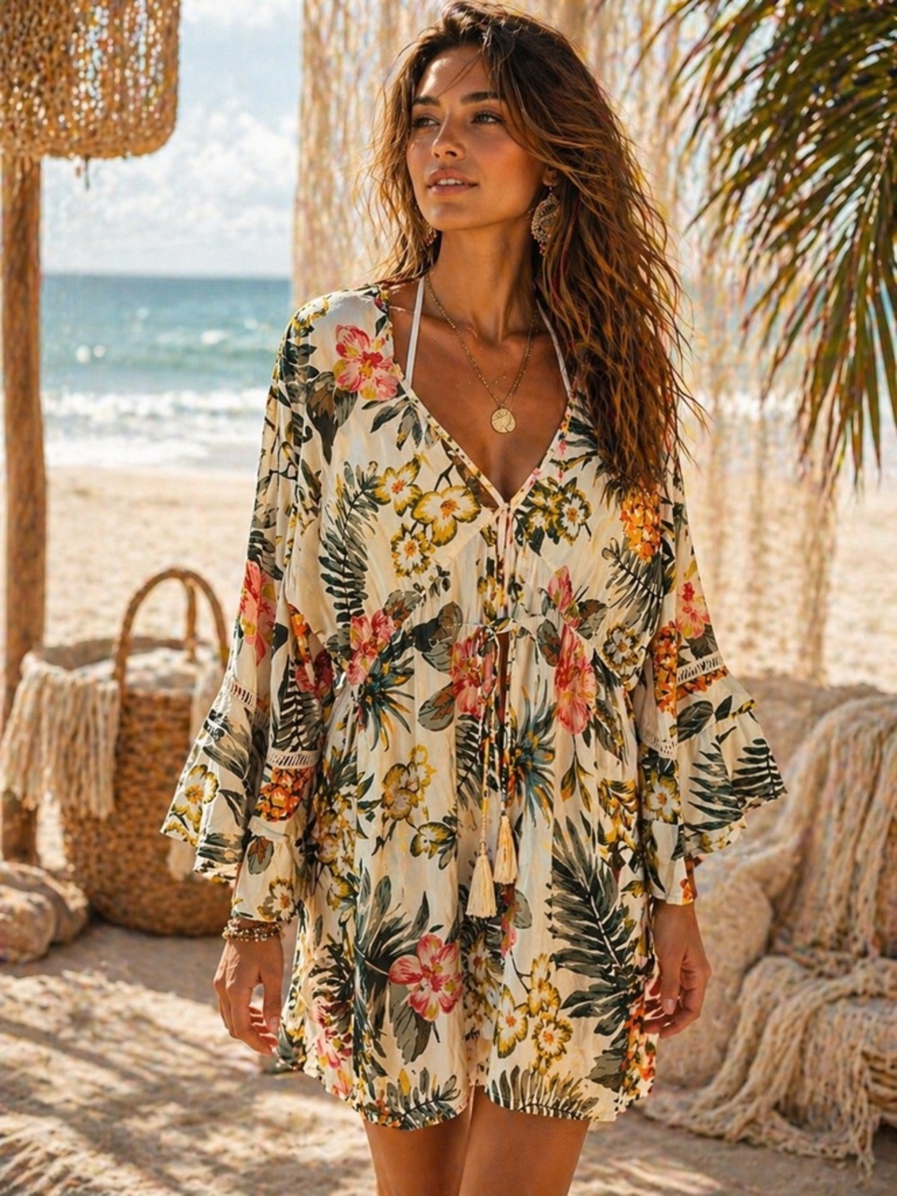 Blue Island hibiscus floral rayon Beach cover-up dress swim cover-up Medium